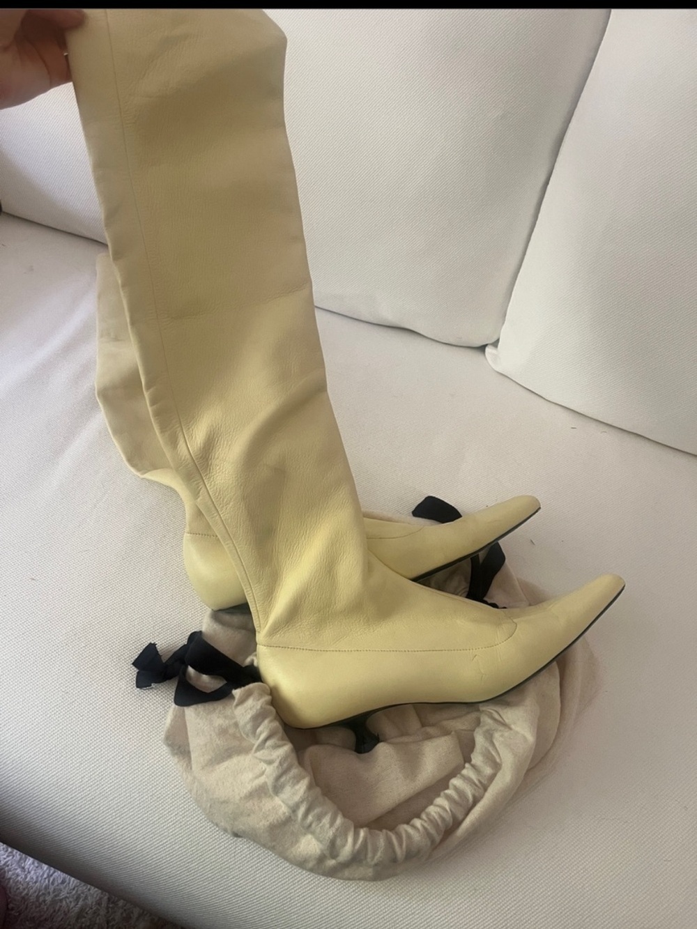 Khaite Leather Sock Boots – Pointed Toe, Butter Yellow/Cream with dust bag